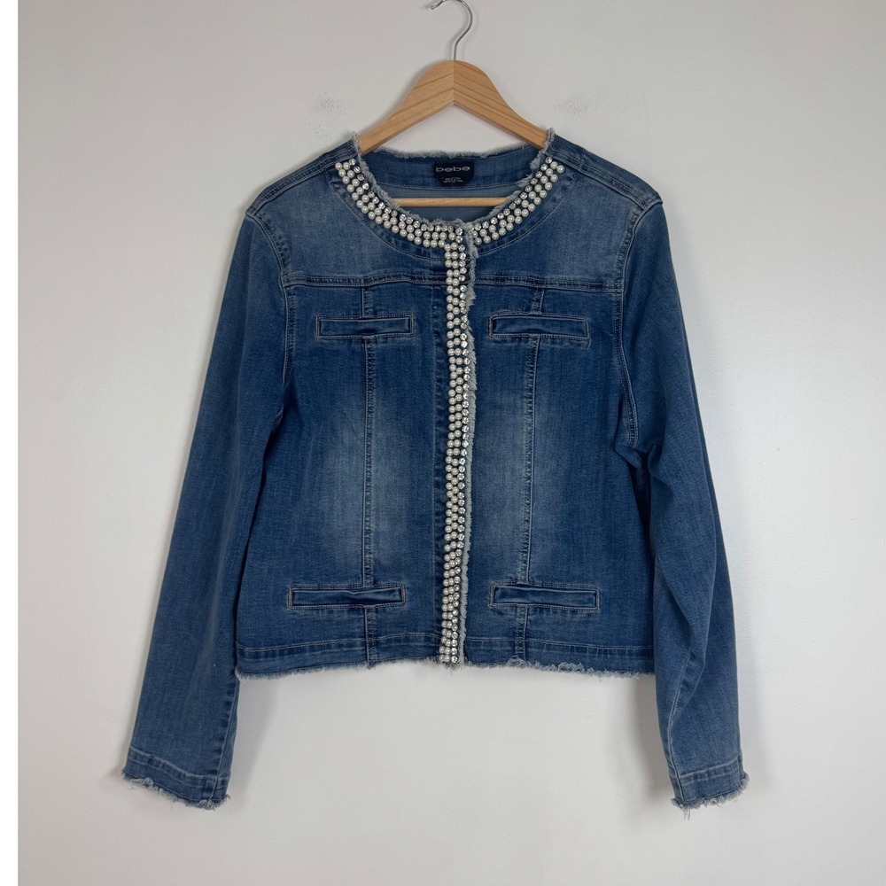 Glam Bebe Womens Large Denim Jacket Blue Pearl Rhinestone Embellished Raw Hem